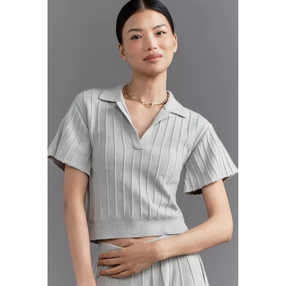 Maeve Short-Sleeve Collared V-Neck Ribbed Sweater NWT SIZE M